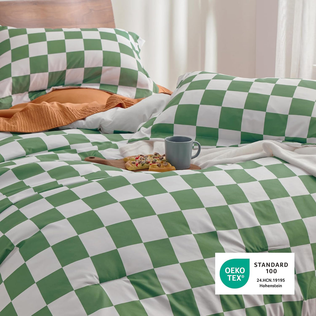 Comforter Set - Extra Long Comforter Set, Checkered Dorm Bedding for Boys, 2 Pieces, 1 Soft Green