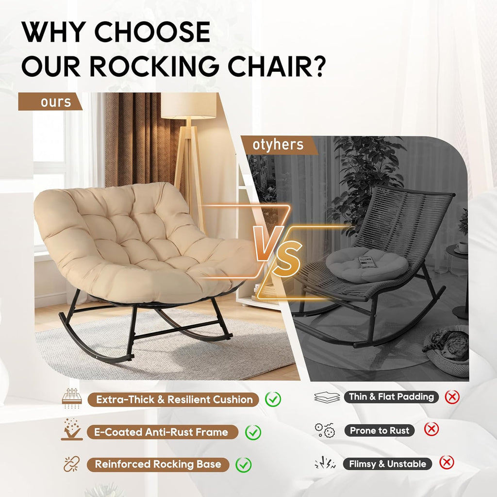 Oversized Outdoor Papasan Rocking Chair with Thick Cushion, Modern Egg Style Patio Rocker, Comfy Deep Seat Lounge