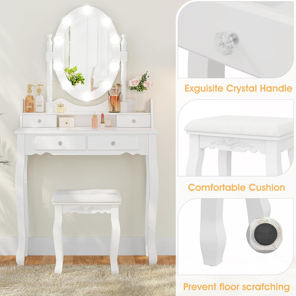 Girls Makeup Vanity Set with 360° Rotating Lighted Mirror | Dressing Table Desk with Dimmable LED Hollywood Lights, 4