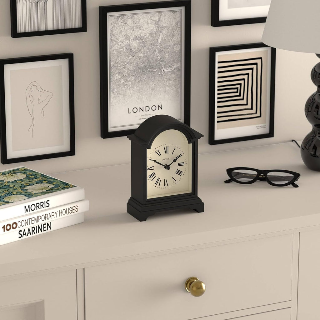 Bistro Mantel Clock - Small Classic Arch top Carriage Clock Design - Black - Contemporary Classic Style for Mantel, Desk, Table, Shelf...