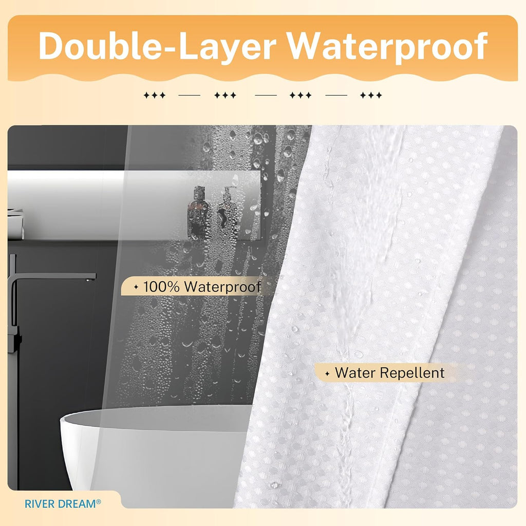 Waffle 3 in 1 Shower Curtain Set, White Fabric Shower Curtain and Clear Liner Set with Double Sided Hooks