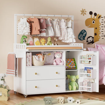 Baby Changing Table, Infant Diaper Changing Station with Wheels & Wide Table Top & Clothes Rail, Baby Changing Table