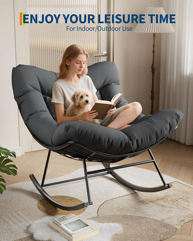 Oversized Outdoor Rattan Rocking Chair with Metal Frame