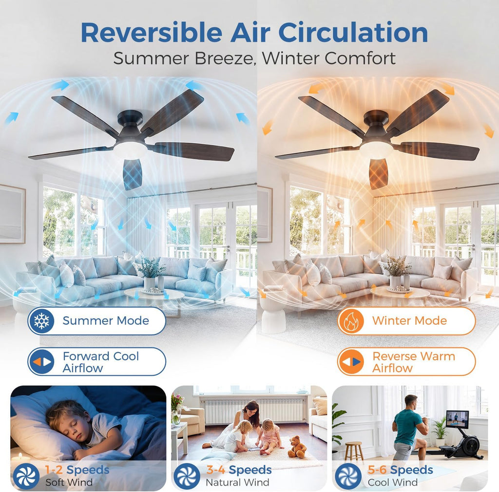 52 Inch Ceiling Fans with Lights, Remote & App Control, Quiet Reversible DC Motor, 6 Speeds, Dimmable 3CCT LED Light