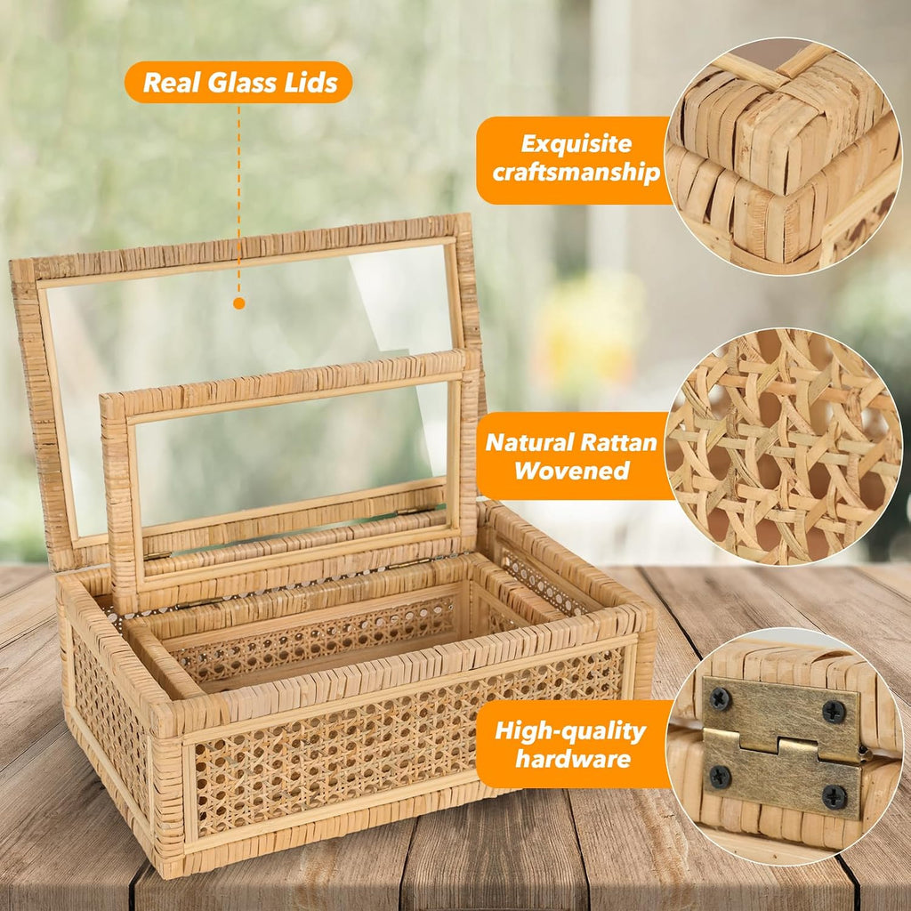 Large Handwoven Boho Rattan Display Boxes with Glass Lids Set of 2 | Rectangular Decorative Storage Bins Natural