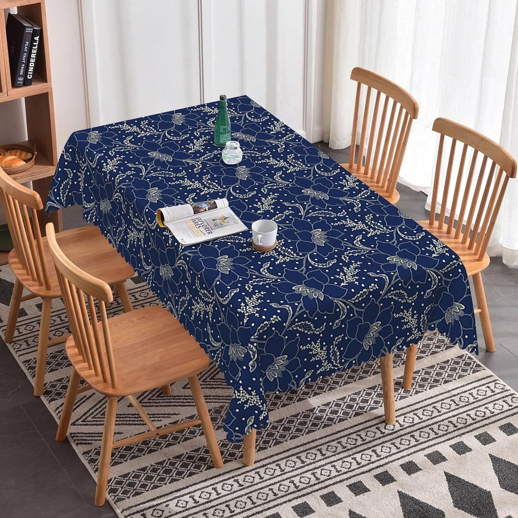 60x120 inch Jacquard Floral Tablecloth Navy Blue Flowers Line Art Pattern Rectangle Tablecloth Washa