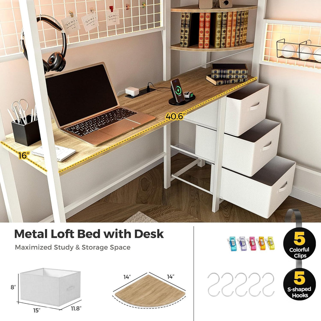 Twin Loft Bed with Desk, Storage Stairs & Wardrobe, Metal Loft Bed Frame w/Headboard, Bedside Shelf