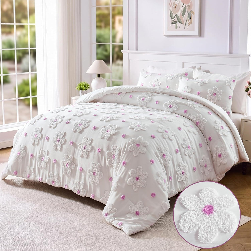 Comforter Set for Girls 3 Pieces Soft Pink Tufted Daisies Flowers Bedding Set Bed in A Bag Cute Floral Comforter