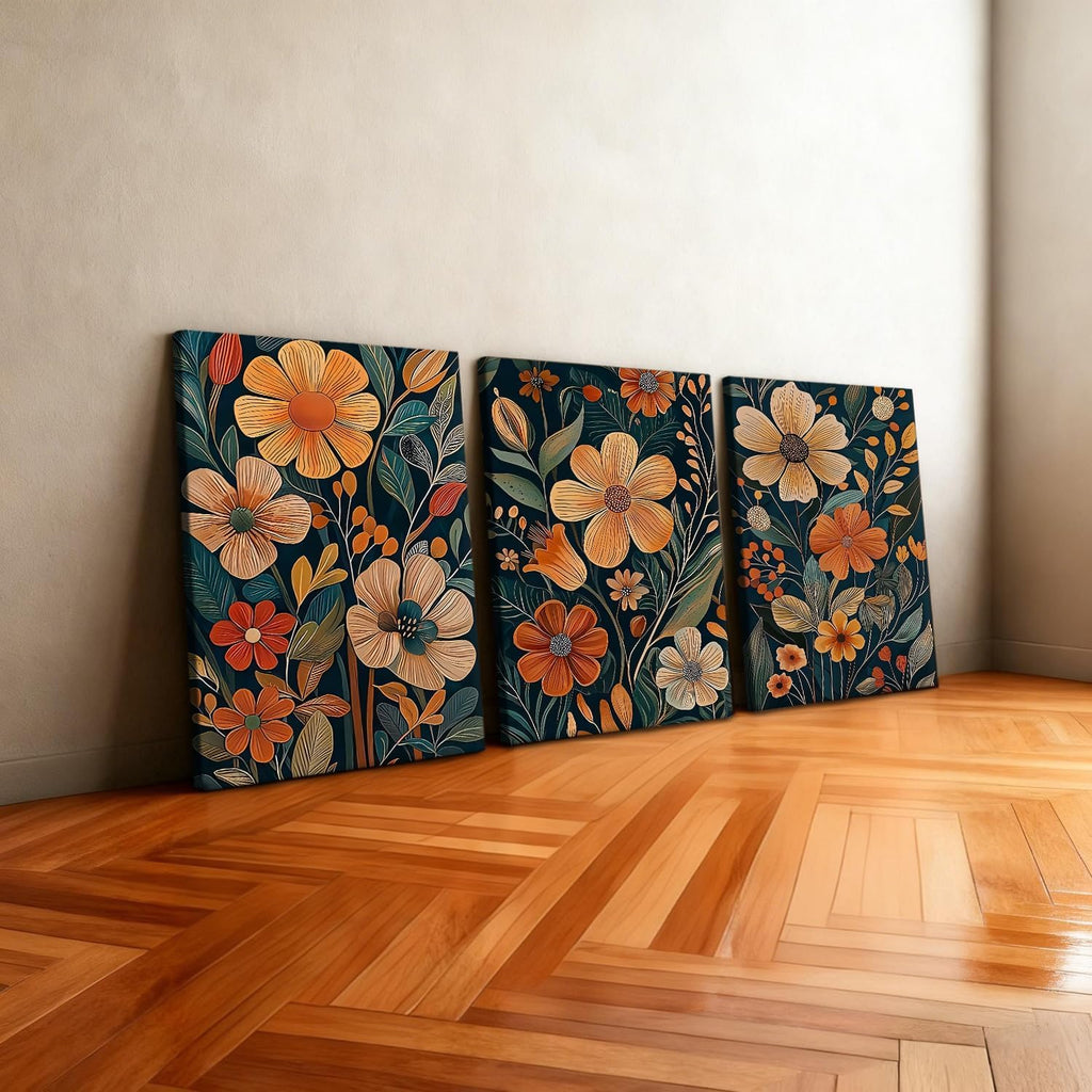 3 pcs Vintage Orange Floral Framed Canvas Wall Art, Medieval Modern Floral Paintings, Natural Botanical Artwork
