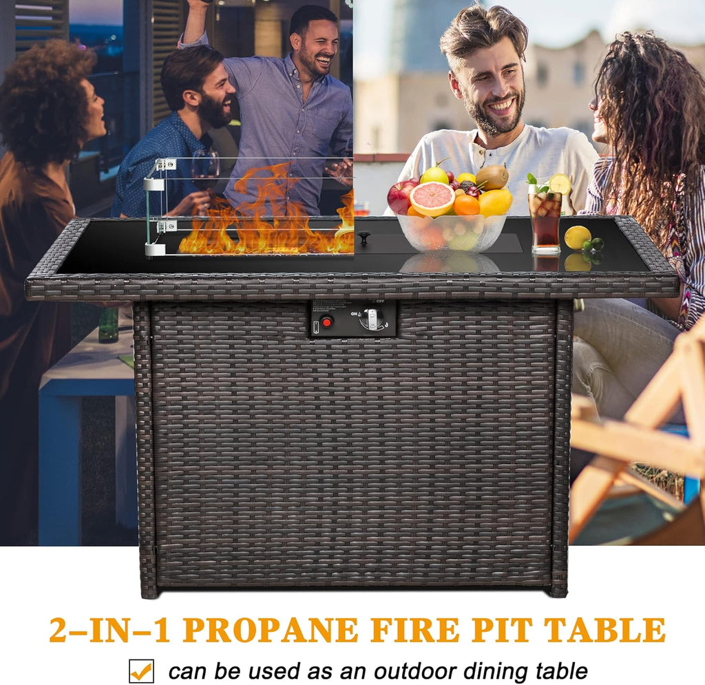 44" Propane Gas Fire Pit Table, 55000 BTU Rectangular Fire Pit with Glass Wind Guard for Outside Patio Deck Garden