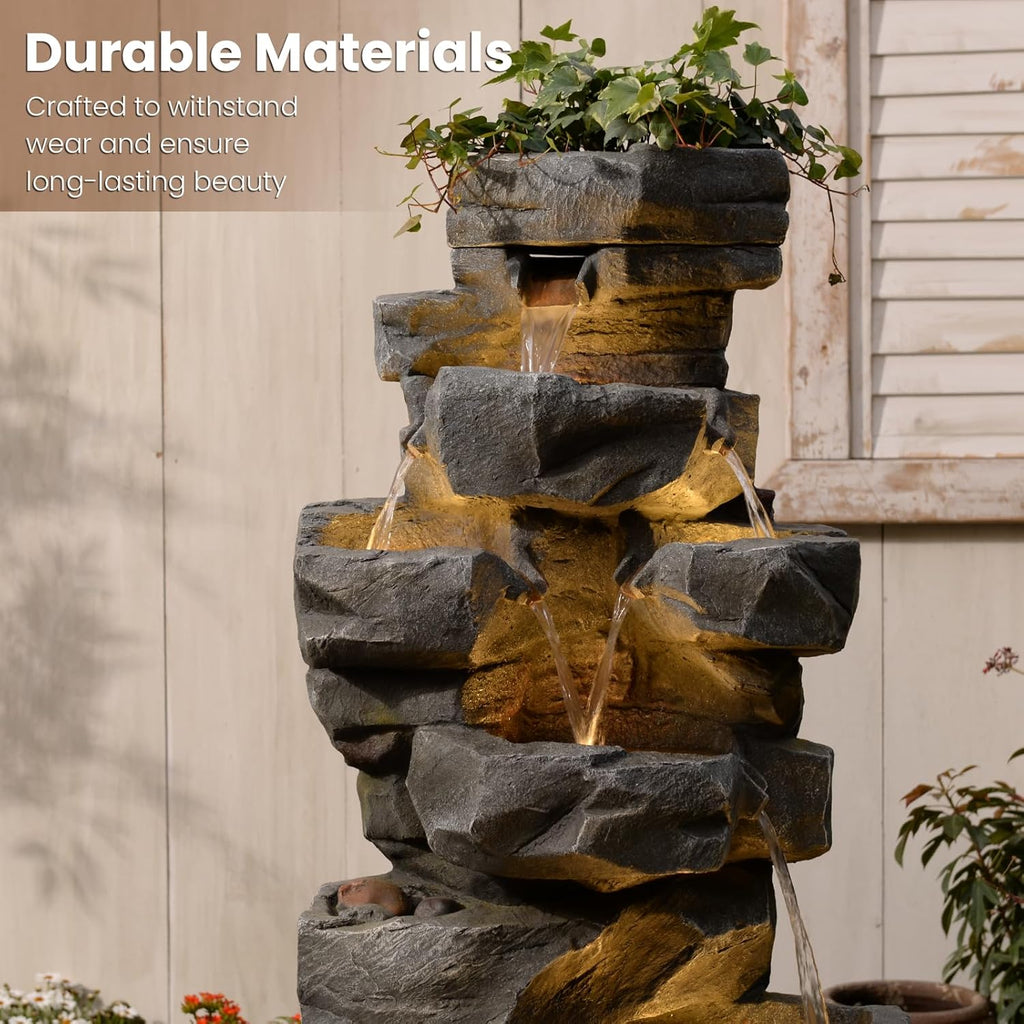 58" H Outdoor Water Fountain with 7 Tiers New Upgraded Large Cascading Realistic Rock Waterfall Fountains with Lights