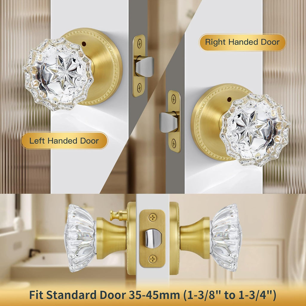 Brushed Gold Privacy Crystal Door Knob, Gold Vintage Crystal Door Knob with Privacy Lock, Glass Doorknob Interior