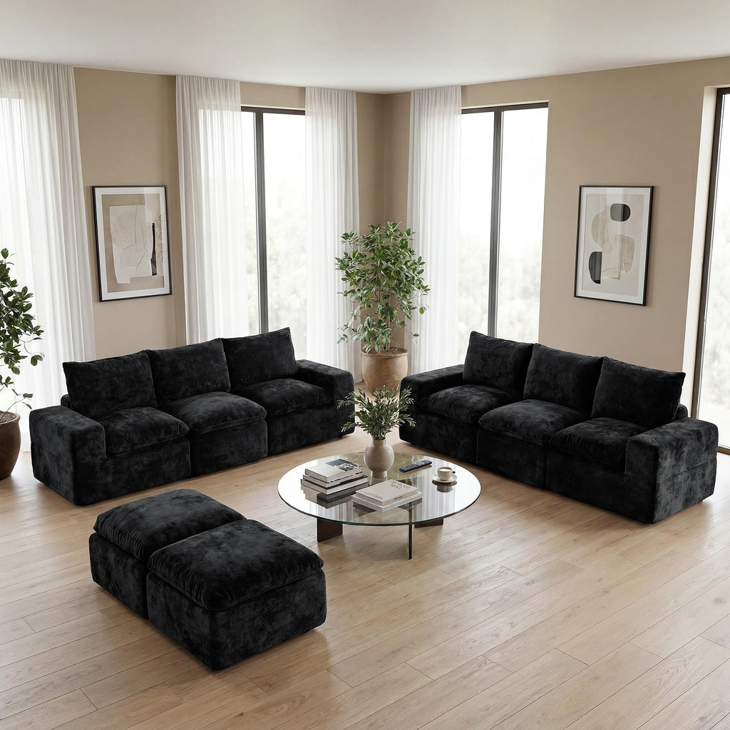 130" U Shaped Modular Sectional Sofa, 8 Seat Cloud Couch, Black