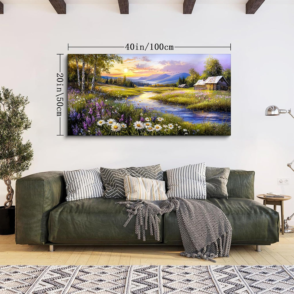 Large Wall Art Prints, Rural Landscape Wall Decor, Meadow Wildflower Canvas Painting, River Cottage Pictures Home