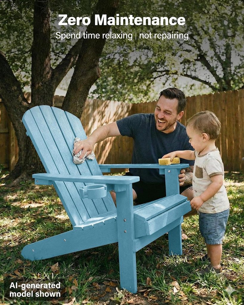 Adirondack Chair with Cup Holder, All-Weather Outdoor Chair, Blue | HIPS Plastic Fire Pit Chair with Wood Texture