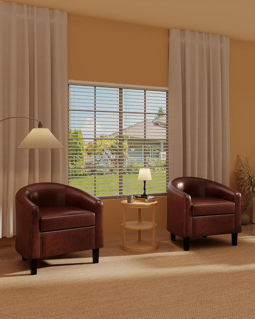 Accent Chairs Faux Leather Barrel Chair Club Armchair with Soft Seat Bedroom Reading Waiting Room - Brown - Set of 2