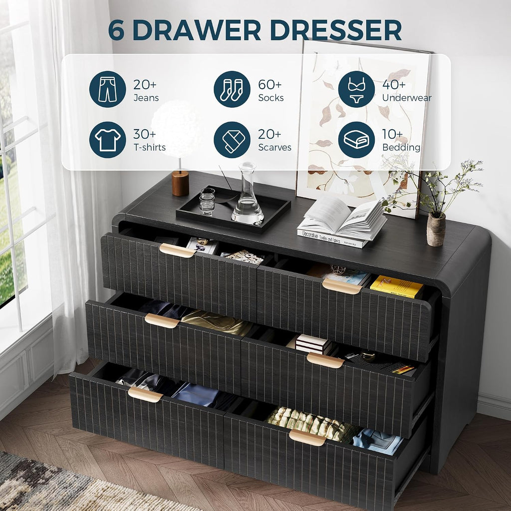 Modern 6 Drawer Dresser , 47" Wide Wood Dressers & Chests of Drawers Curved Profile Design, Mid Century Modern Fluted