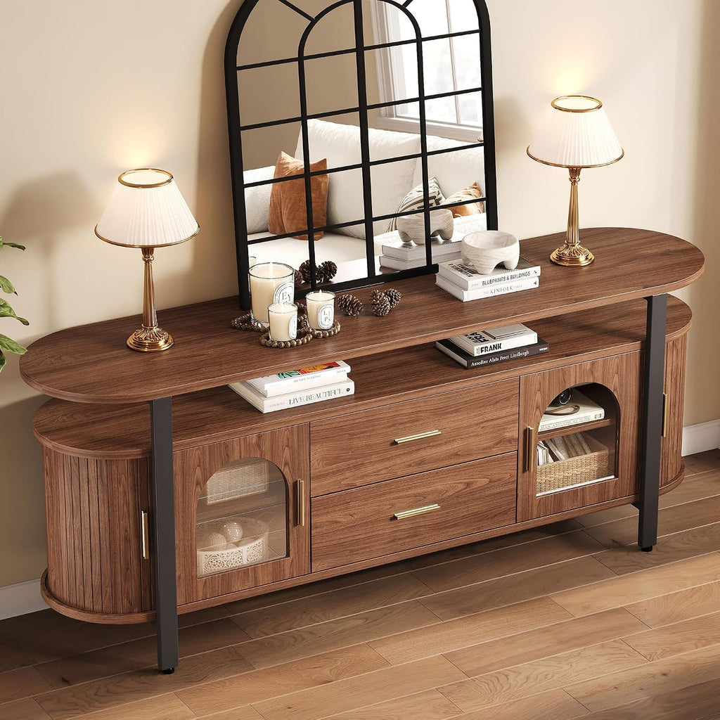 Mid-Century TV Stand for TVs up to 70, Entertainment Center with Storage Drawer and Sliding Door, Walnut TV Console