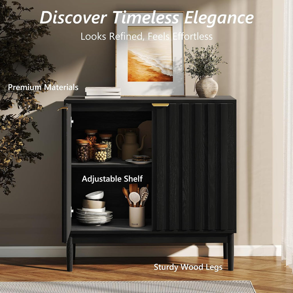 Fluted Cabinet with Storage, Buffet Cabinet Sideboard with 2 Doors, Black Buffet Storage Accent Cabinets with