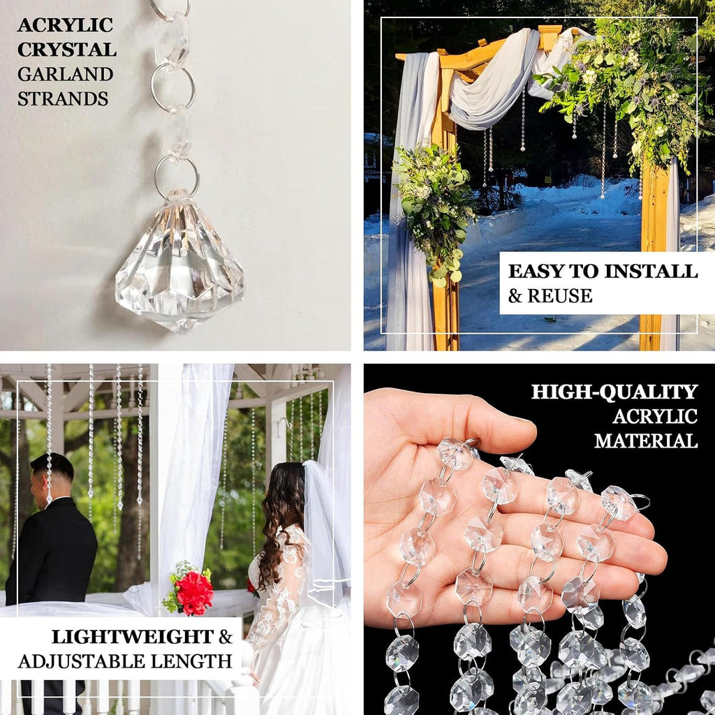 10 Pack 2ft Octagon Acrylic Crystal Beaded Garland Strands with Diamond Prism Pendant - 24" Hanging Chandelier Beads