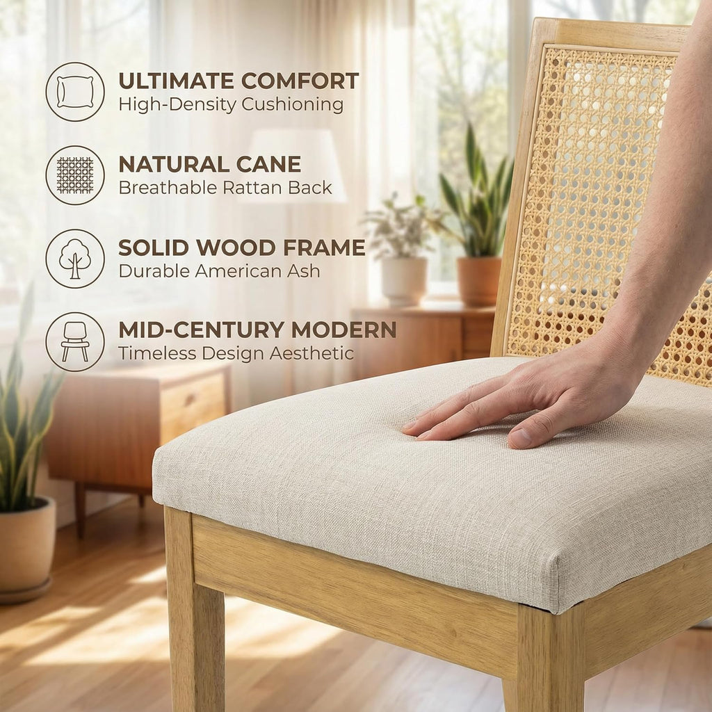 Farmhouse Rattan Dining Chairs Set of 4, Natural Solid Hardwood Frame, Upholstered Linen Seat, Ergonomic Cane Back
