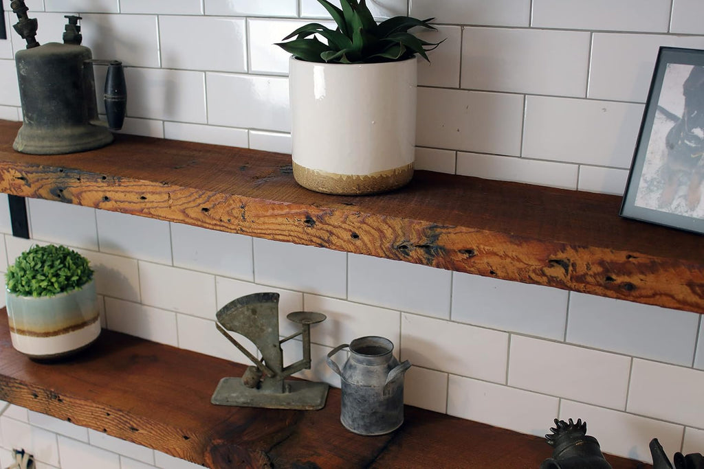 Reclaimed Wood Wall Shelf with Steel Angle Brackets | Rustic Decoration | 2" Thickness | 24" L x 8" D, Early American