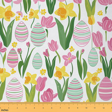 Tulip Eggs Fabric By The Yard, Cartoon Easter Cartoon Decorative Fabric, Petals Flowers Pink Upholstery Fabric