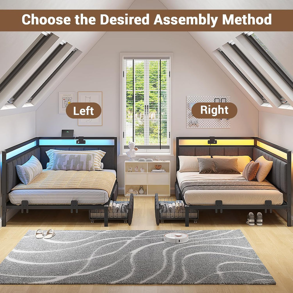 Corner Bed Frame with Storage Drawers, Twin Daybed with Line Fabric Upholstered Fence, Kids Bed Unit with LED Light