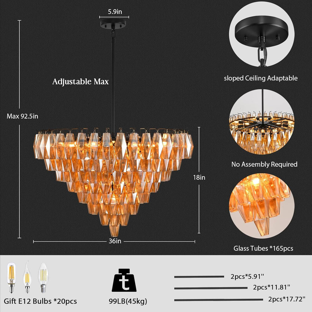 Black Round Chandelier, 36" Large Chandeliers for Dining Room, 20-Light with Clear Amber Glass Tiered Chandelier for Living Room, Modern Chandeliers for Bedroom, Kitchen Island, Entryway
