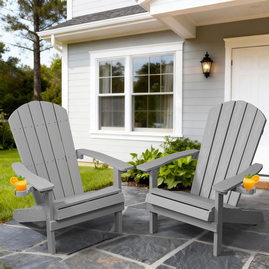 Adirondack Chairs Set of 2 with Cup Holder, Weather Resistant, Grey | HIPS Plastic Outdoor Fire Pit Chairs with Wood