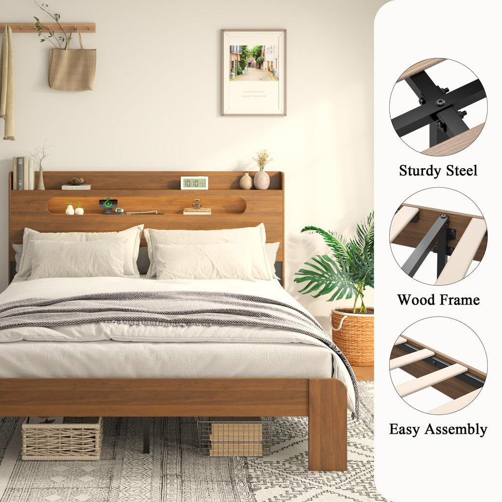 Wooden Queen Bed Frame with Storage Headboard, Farmhouse Platform