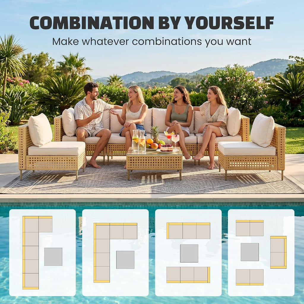 7-Piece Patio Furniture Set, Handmade Rattan Outdoor Furniture Set, Outdoor Sectional Furniture, Patio Sectional with