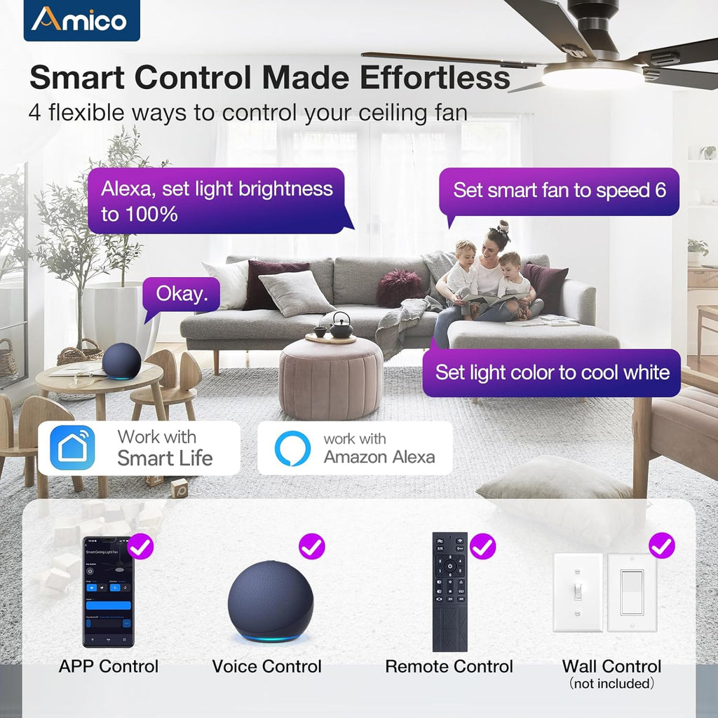 Ceiling Fans with Lights, 52'' Smart RGB Ceiling Fan with Remote/APP/Alexa Control, Flush Mount, Reversible DC Motor