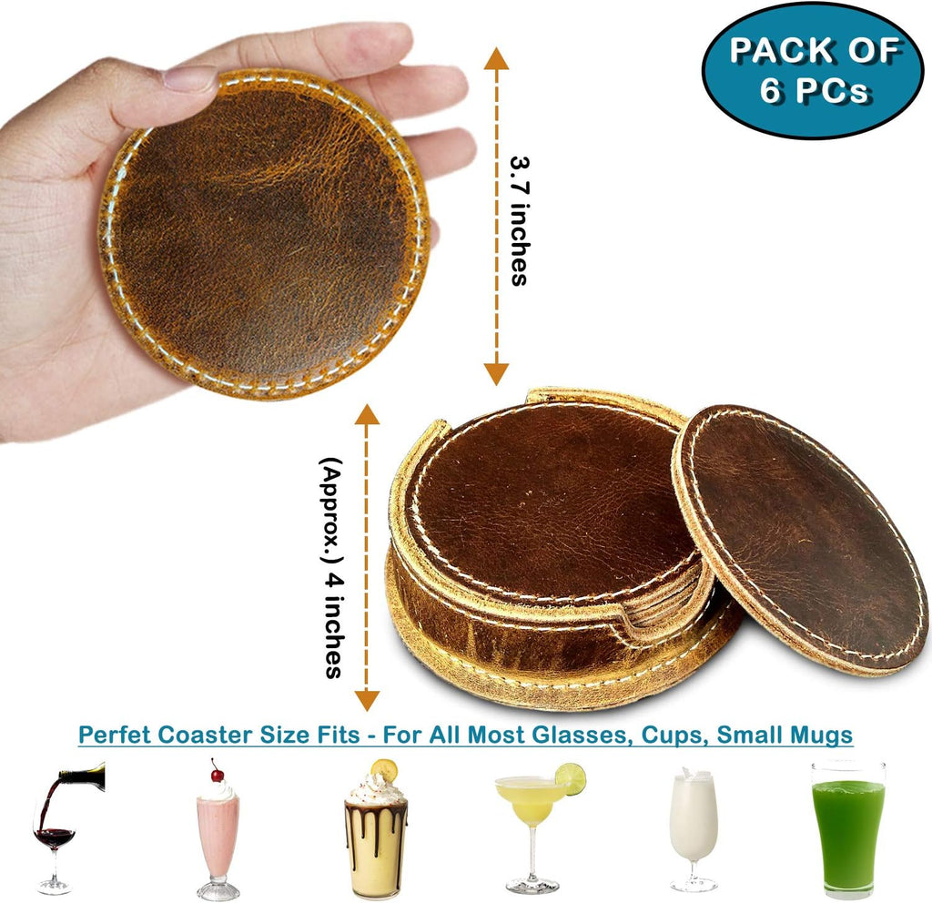 Leather Coasters for Drinks - Cup Coasters Coffee Table Kitchen Table Bar, Home & Office Gifts Handmade Drink Coasters - Set of 6