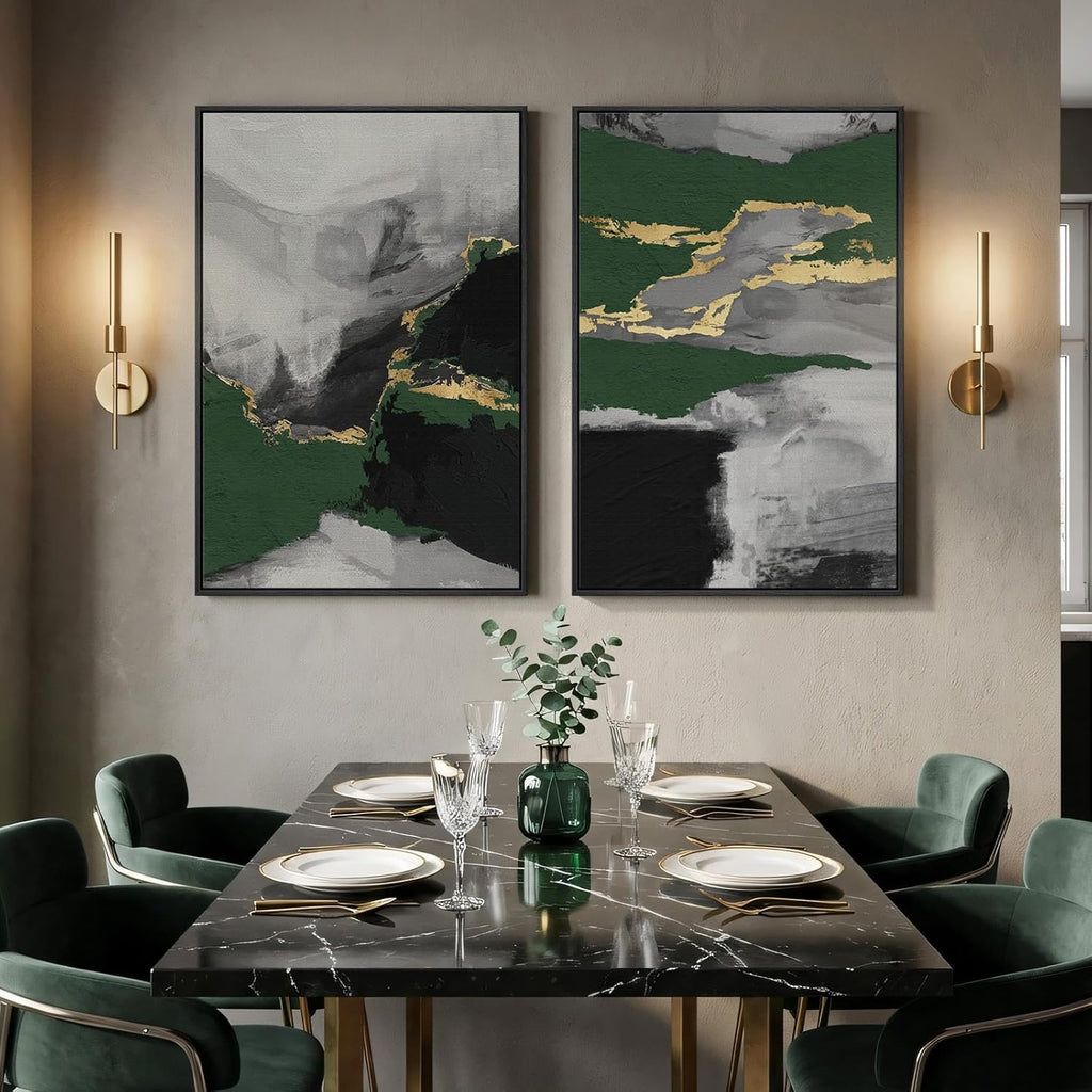 Large Framed Green Abstract Wall Art, 2 Piece Modern Canvas Prints Paintings, Black and Gray Pictures with Gold