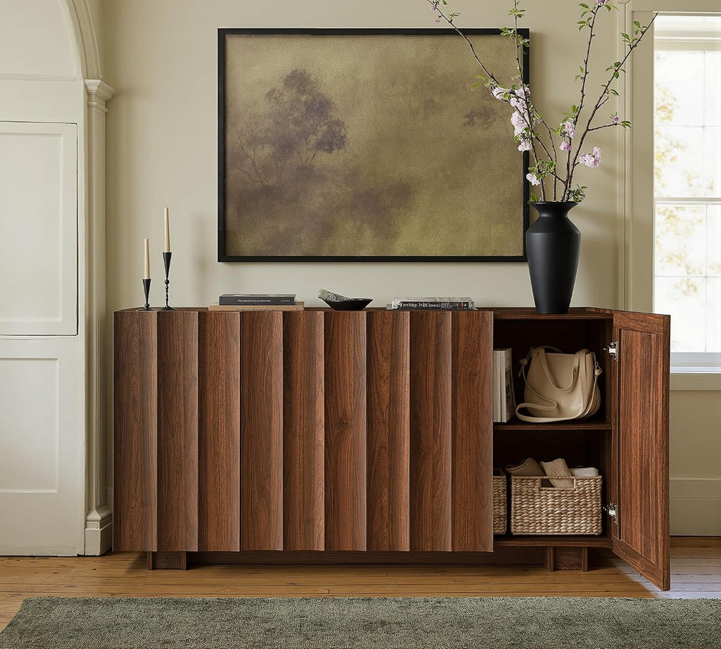 61.7" Fluted Sideboard Buffet Cabinet with Storage, Walnut | Mid Century Modern Credenza with Adjustable Shelves