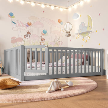 Full Size Kids Montessori Floor Bed with Door,Solid Wood Floor Bed Frame with High Fence for Girls,Boys,Gray