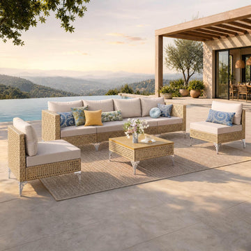 6 Pieces Wicker Patio Furniture Set, Rattan Outdoor Sectional | Boho Patio Conversation Sets with Coffee Table for
