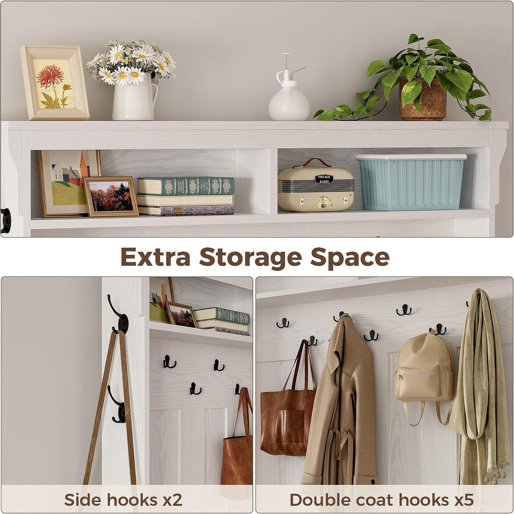 80" H 47" W Large Hall Tree with Bench and Shoe Storage, 6-in-1 Entryway Bench with Coat Rack, Adjustable Shelf