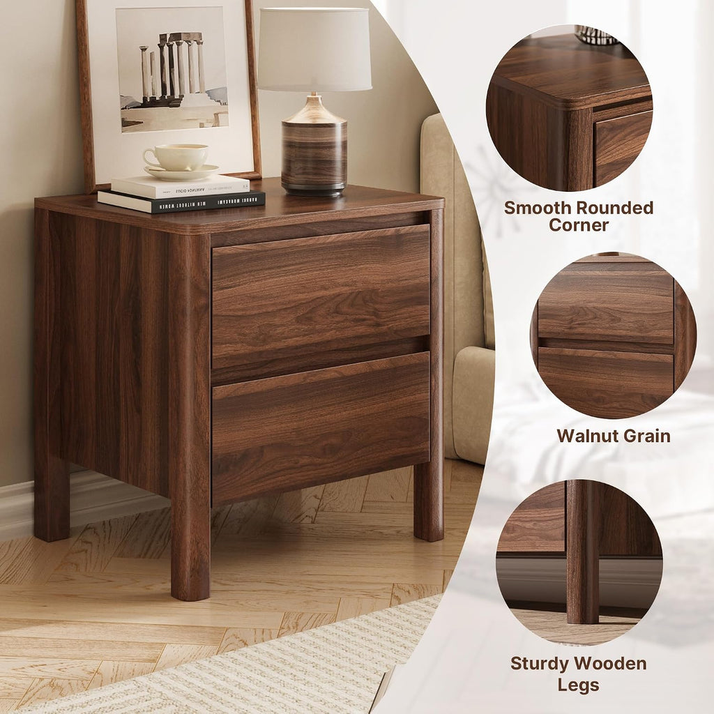 Walnut Nightstands Set of 2, Mid Century Modern Bedside Table with Hidden Handles and Wood Legs, Wooden End Table