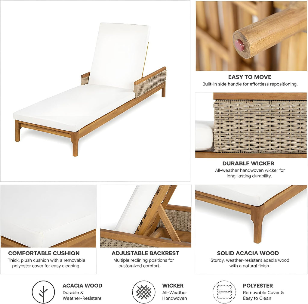 Outdoor Acacia Wood Chaise Lounge Chair Set of 2, Wooden Sunbathing Pool Lounger with Woven Rattan Accents