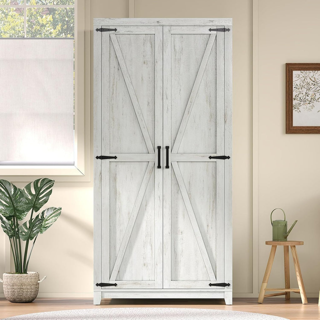 70" Large Armoire Wardrobe Closet with Hanging Rod, Farmhouse Clothing Storage Cabinet with 2 Barn Doors, Wooden Tall