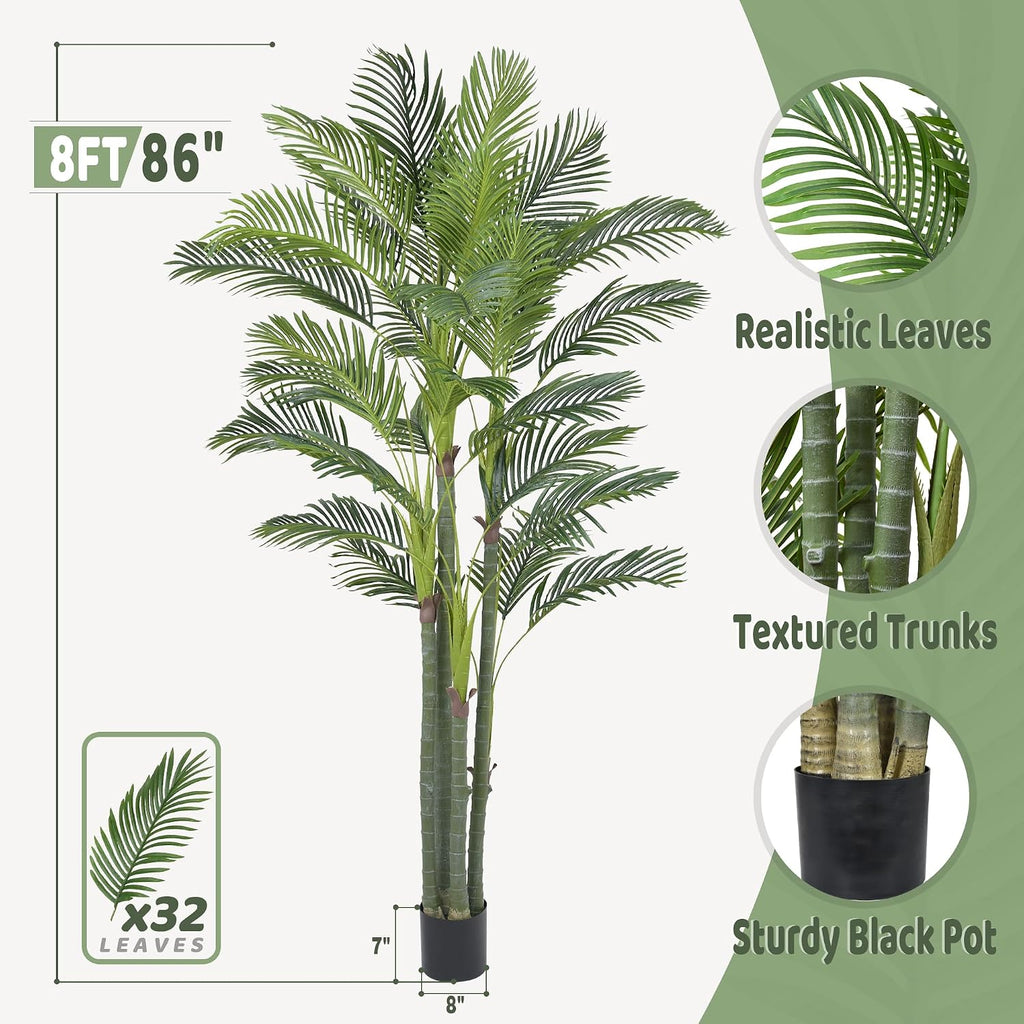 Artificial Areca Palm Tree 8FT with 32 Leaves Realistic Tall Large Fake Faux Tropical Silk Plant 96 Inch Black Pot