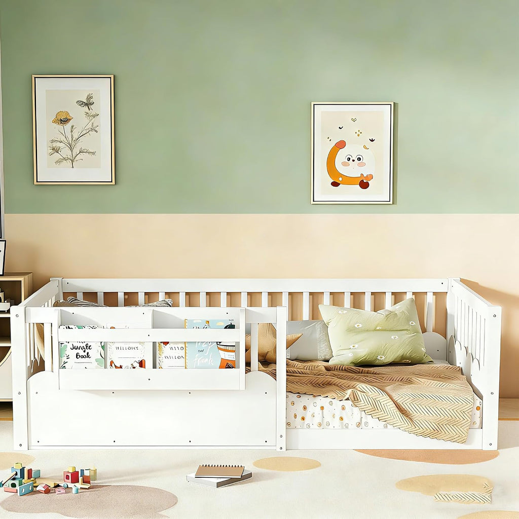 Twin Size Kids Montessori Floor Bed,Solid Wood Floor Bed Frame with Bookshelf and High Fence for Kids,Girls,Boys,White