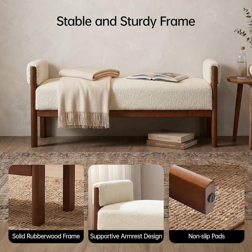 51.8"End of Bed Bench Upholstered Bedroom Bench with Arms, Beige | Solid Rubberwood Legs, Soft Fabric, Thickened seat
