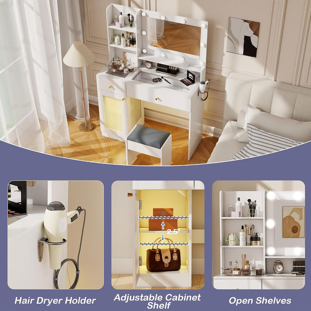 Vanity Desk with Mirror and Lights: 40" White Makeup Vanity with Glass Top, Wood Dressing Table with Drawers and