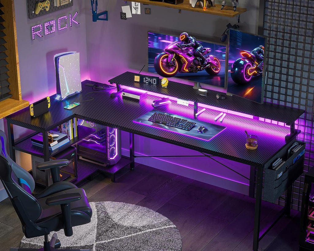 ODK 66 Inch L Shaped Gaming Desk with LED Lights, Power Outlets, Black