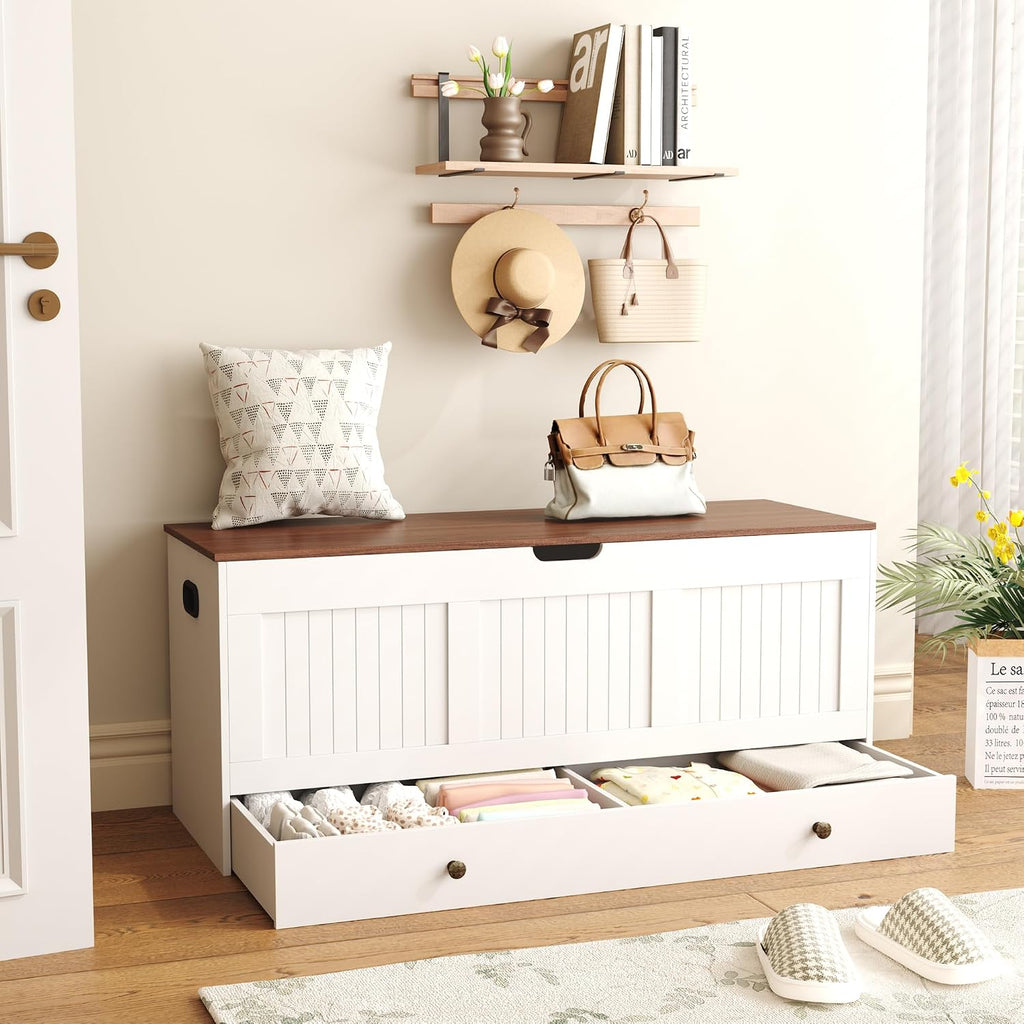 44.3" Storage Chest with 2 Drawers, Retro Wooden Storage Trunk with 2 Safety Hinges,Large Shoe Bench with Storage
