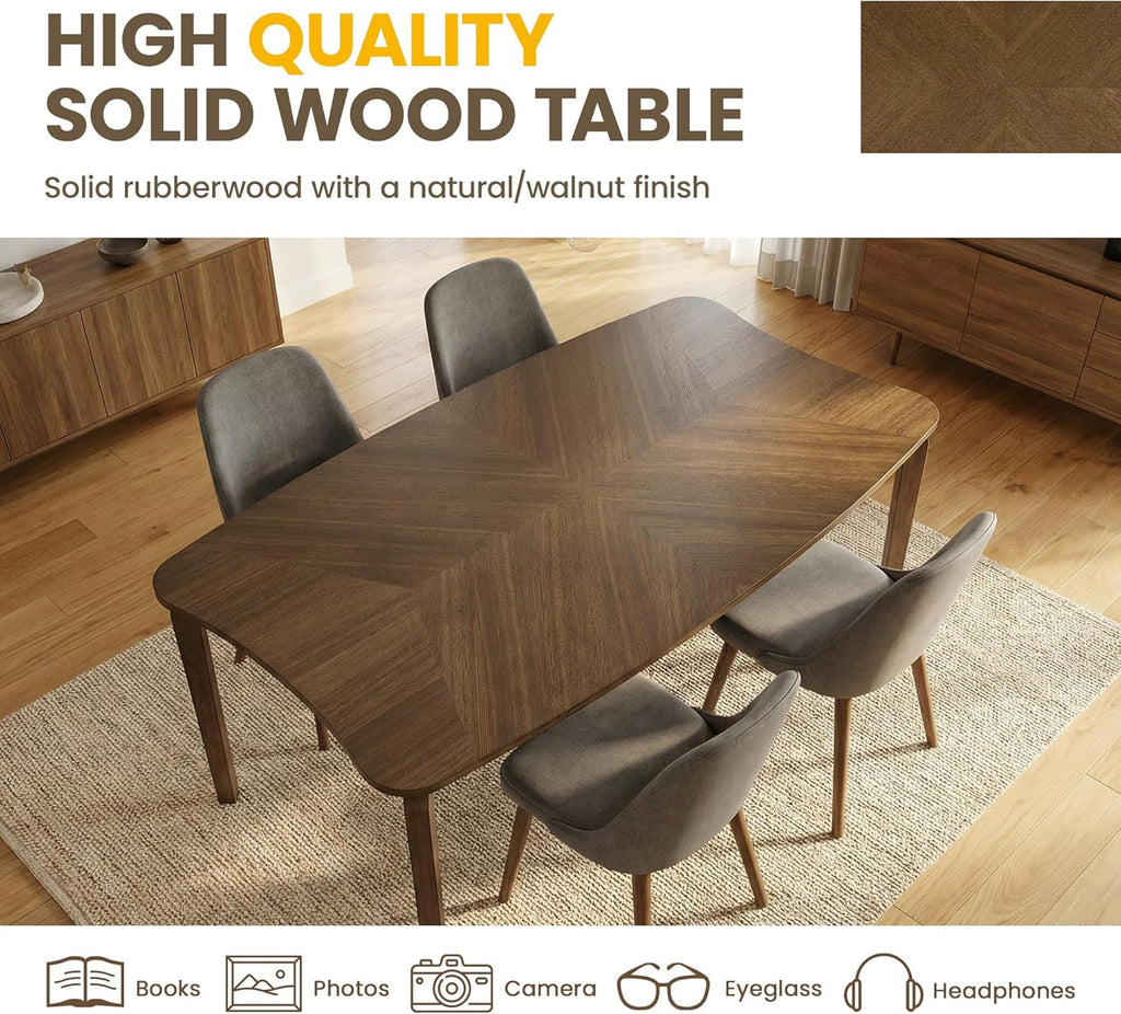 Modern Curved Edge Dining Table, 63" Solid Wood Kitchen Table with Herringbone Pattern Mid-Century Rectangular Dinner