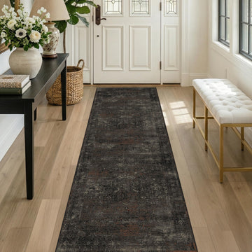 Black 2'6" x 8' Washable Hallway Runner Rug, Non Slip Long Kitchen Runner, Dark Charcoal Low Pile Stain Resistant Rug